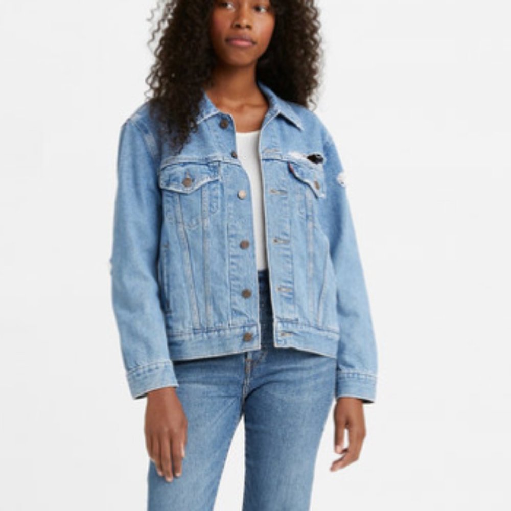Levi's Ex Boyfriend Denim Trucker Jacket Light Wash Distressed Oversized